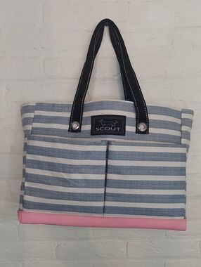 Scout Striped Tote with Navy Handles and Pink Trim